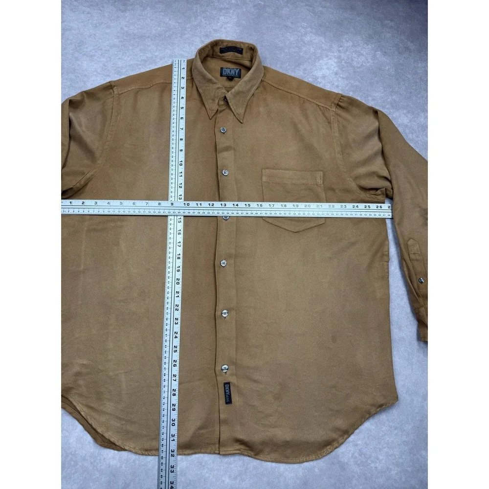 VTG DKNY Shirt Mens XL Brown Button Long Sleeve Faux Suede Pocket 90s Minimalist